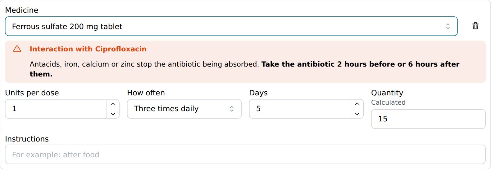 A warning that iron stops ciprofloxacin being absorbed, with advice